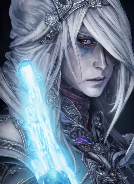 Image similar to close up portrait of sylvanas windrunner, pale blue backlight, powerful, domineering, stoic, masterful, intense, ultrafine hyperdetailed illustration by kim jung gi, irakli nadar, intricate linework, sharp focus, octopath traveler, yoji shinkawa, highly rendered, detailed, concept art