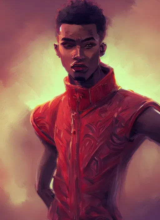 Prompt: a highly detailed illustration of attractive young african guy with flat top hair wearing red jacket, dramatic standing pose, intricate, elegant, highly detailed, centered, digital painting, artstation, concept art, smooth, sharp focus, league of legends concept art, wlop