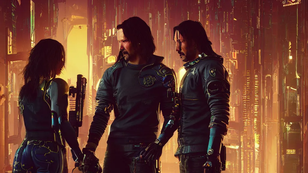 Image similar to a cyberpunk 2077 srcreenshot couple portrait of Keanu Reeves female v in love story,film lighting,by Laurie Greasley,Lawrence Alma-Tadema,Dan Mumford,John Wick,Speed,Replicas,artstation,deviantart,FAN ART,full of color,Digital painting,face enhance,highly detailed,8K,octane,golden ratio,cinematic lighting