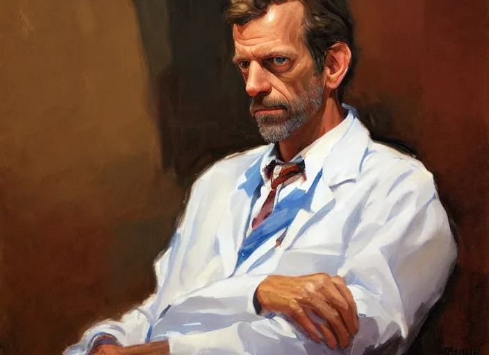 Prompt: a highly detailed beautiful portrait of dr. gregory house, by gregory manchess, james gurney, james jean