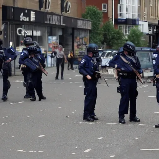 Image similar to film still, policemen, in 2011 London riots
