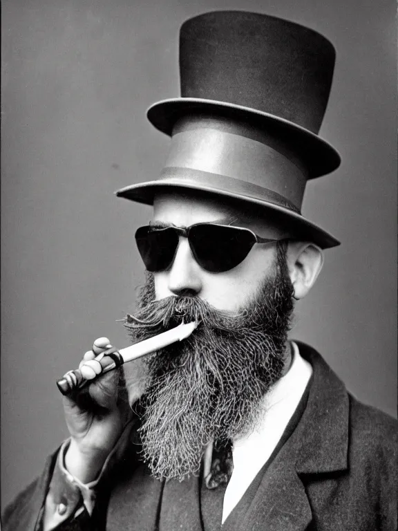 Prompt: a vintage photo medium shot of a man with a bushy beard smoking a pipe wearing a grey hat and sunglasses.