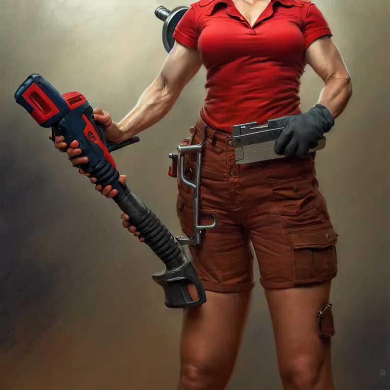 Image similar to epic portrait a slightly muscular woman wearing short sleeved uniform and carrying a red power tool drill, detailed, centered, digital painting, artstation, concept art, donato giancola, Joseph Christian Leyendecker, WLOP, Boris Vallejo, Breathtaking, 8k resolution, extremely detailed, beautiful, establishing shot, artistic, hyperrealistic, beautiful face, octane render