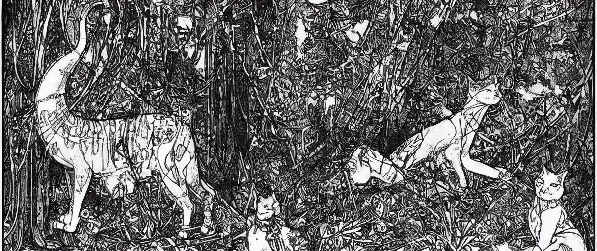 Prompt: A beautiful illustration of a civilization of anthropomorphic Feline warriors by Harry Clarke | Graphic Novel, Visual Novel, Colored Pencil, Comic Book:.3 | unreal engine:.5 | establishing shot