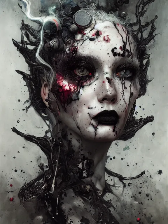 Image similar to a splatterpunk portrait of the ache of existence with shadowy eyes and bonewhite hair, with black glossy lips, hyperrealistic, award-winning, in the style of Tom Bagshaw, Cedric Peyravernay, Peter Mohrbacher