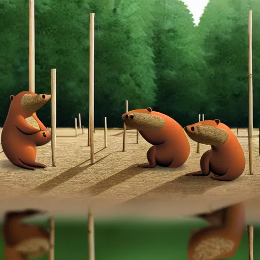 Prompt: photography hyperrealism concept art of anthropomorphic beavers as construction builders that building city from sticks