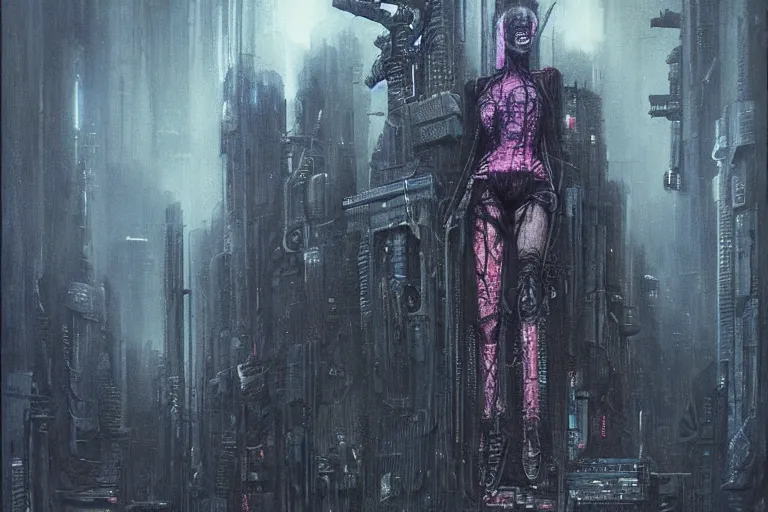 Image similar to highly detailed concept art of blade runner characters, dystopian post - apocalyptic retrofuturistic neon vibe, an ultrafine detailed painting by hans giger and wayne barlowe, trending on deviantart, pop surrealism, whimsical, lowbrow, perfect symmetrical face, sharp focus, octane, masterpiece