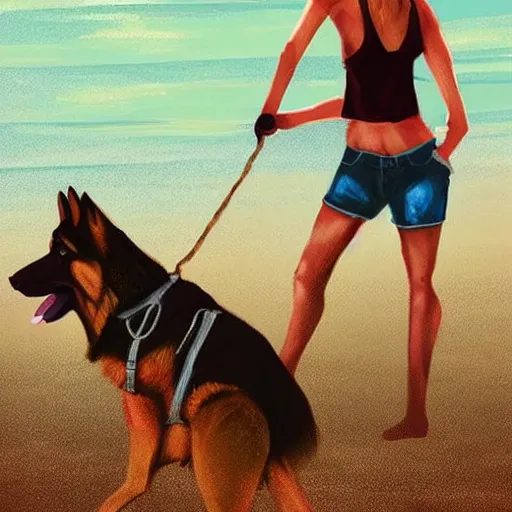 Image similar to girl riding a giant German shepherd at the beach, trending on artstation