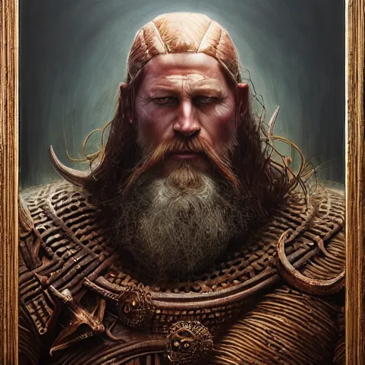 Prompt: a hyperrealistic acrylic portrait painting of a viking king by artgerm, beksinski and thomas kinkade. intricate details. believable eyes. head and shoulders. front on, symmetrical. epic fantasy art.