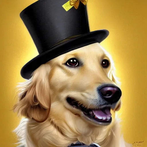 Image similar to close portrait of golden retriever dog, wearing a top hat, wearing a monocle over one eye, smiling, vaporwave, highly detailed, digital painting, artstation, concept art, smooth, sharp focus, illustration, art by artgerm and greg rutkowski and alphonse mucha