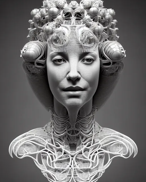 Image similar to bw 3 d render of a beautiful female queen - cyborg - vegetal, intricate fractal ornament in the bust with a very long neck, elegant, highly detailed intricate rococo ornament in her blond long hair, realistic, refined, highly detailed, cinematic outdoor lighting, by flora borsi in the style of dora maar, volumetric lighting, hyper realistic photography