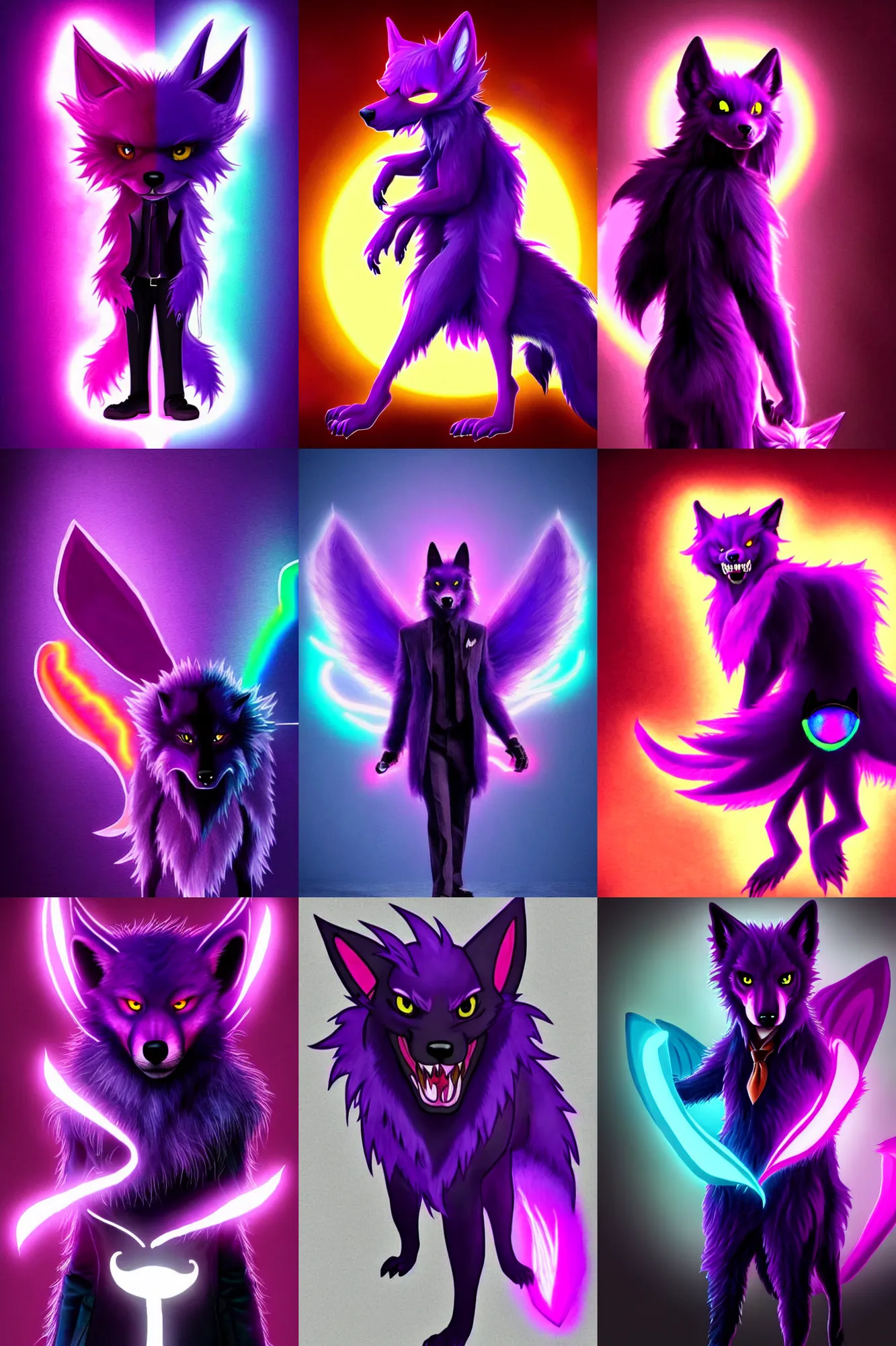 Prompt: a purple wolfbat fursona ( from the furry fandom ) : glowing rainbow tail, eyepatch ; as a photo from the john wick movie series