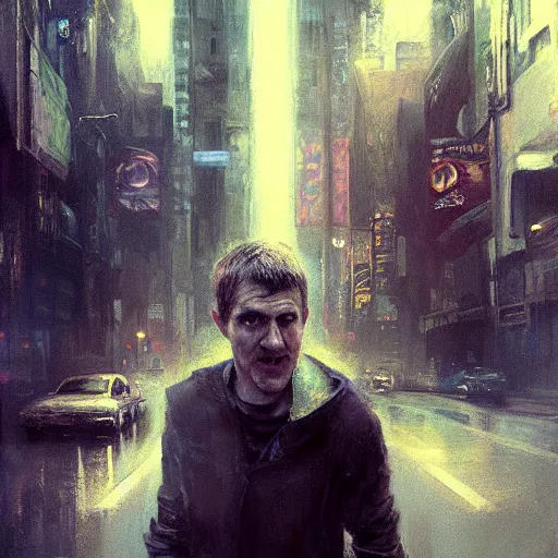 Image similar to bo burnham, hyperrealistic portrait, bladerunner street, art of elysium by jeremy mann and alphonse mucha, fantasy art, photo realistic, dynamic lighting, artstation, poster, volumetric lighting, very detailed face, 4 k, award winning