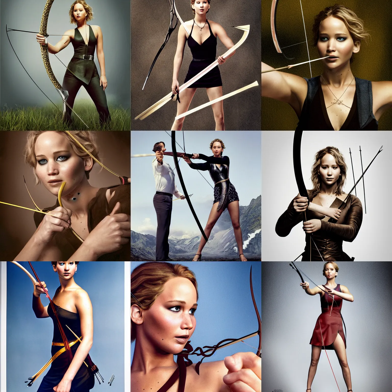 Prompt: jennifer lawrence holding a bow and arrow in her hand, a poster by martin schoeller, cgsociety, photorealism, associated press photo, official art, quantum wavetracing