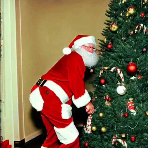 Prompt: santa getting caught in the act of delivering presents under a Christmas tree in a living room, 1985, flash photography