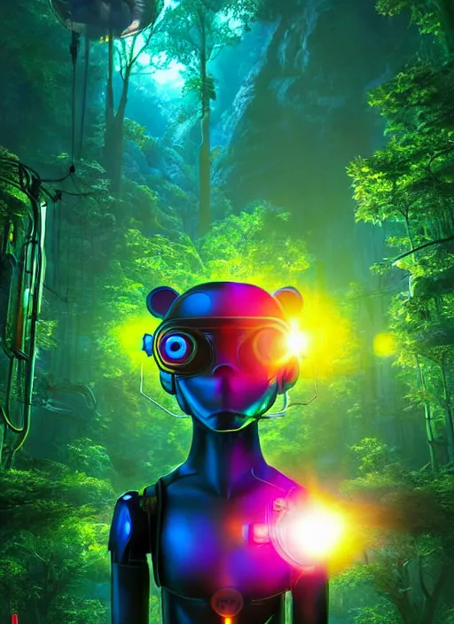 Image similar to cyber monkey in the scifi forest, in style james jean, ilya kuvshinov, hot colors, global illumination ray tracing hdr radiating a glowing aura