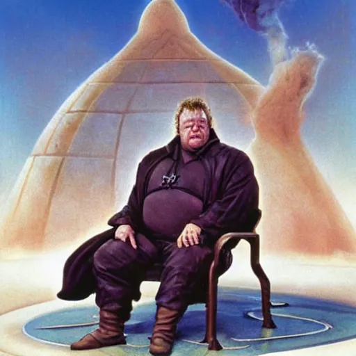 Image similar to ray winstone as baron harkonnen sitting on throne in dystopian science fiction hall in 1982 movie dune, by boris vallejo