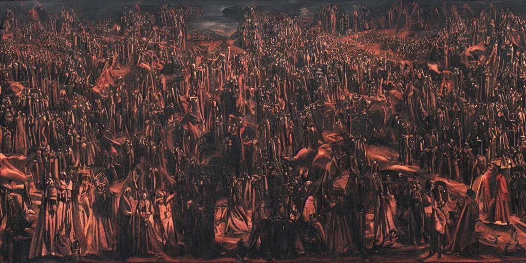 Image similar to dante's inferno painting, with people in black hooded tunic like in the film eyes wide shut of stanley kubrick, illuminati symbol, crows, skeletons, crosses, jesus, dark beauty, rotten gold, perfect faces, extremely detailed, cinema 4 d, unreal engine.