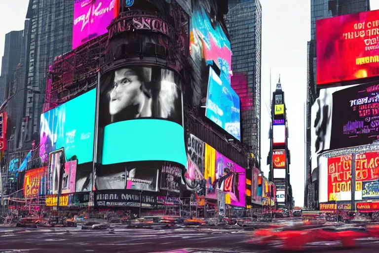 Image similar to a billboard on times square at night, screen show concert poster, band name is tripmachine, on the screen is a 3 d render of a huge futuristic steampunk generator, wet street, realistic digital art, 8 k, fluorescent colors, halluzinogenic, multicolored, exaggerated detailed, unreal engine, 8 0 mm