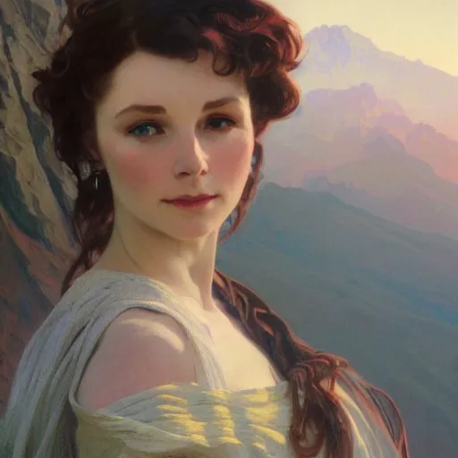 Image similar to a beautiful closeup portrait of a young vivian leigh, mountain background, serene colors, dramatic light, gorgeous view, depth, high detail, digital art, painted by alphonse mucha and greg rutkowski, trending on artstation