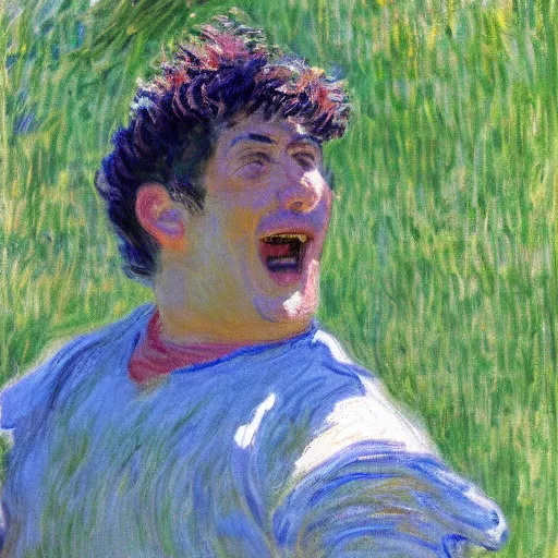 Prompt: monet painting of a man watching a soccer game, he is laughing deliriously, highly detailed, realistic,