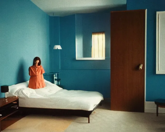 Image similar to a woman standing in a bedroom next to a bed, a colorized photo by Wes Anderson and Wilhelm Sasnal, tumblr, precisionism, 1970s, matte photo, provia , movie still