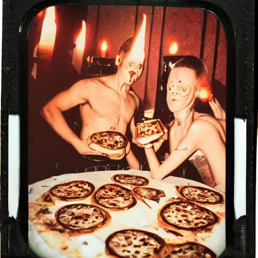 Image similar to creepy occult ritual in pizza restaurant Polaroid highly detailed