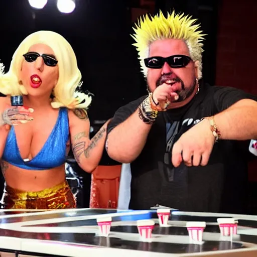 Prompt: a mix of lady gaga and guy fieri playing beer pong on stage