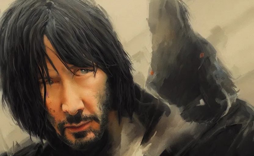 Image similar to a painting of keanu breathes trending on artstation in the style of greg rutkowski