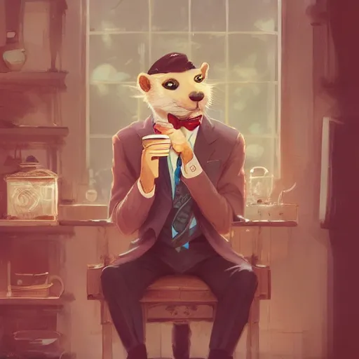 Image similar to a weasel in a suit was drinking tea, surrounded by tea houses ambient lighting, 4 k, russ mill, rossdraws, wenjun lin, jung gi kim, artstation