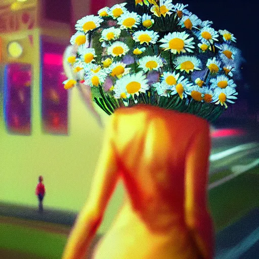 Image similar to closeup, huge daisy flower head, woman in modern city, surreal photography, night light, dark, impressionist painting, digital painting, artstation, simon stalenhag