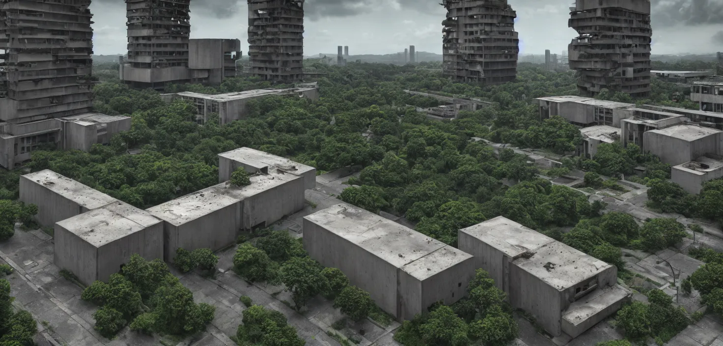 Prompt: brutalist architecture by Le Corbusier, abandoned buildings, empty streetscapes, surrounded by lush green vegetation, ground-level view, stunning volumetric lighting, sunset, rusted steel, solid concrete, glass, stunning skies, scattered rubbish, 8k, photorealistic, hyper detailed, unreal engine 5, IMAX quality, cinematic quality, beautifully illustrated, sharp focus, minimal artifacts, in the style of DOOM and Greg Rutkowski, trending on Artstation