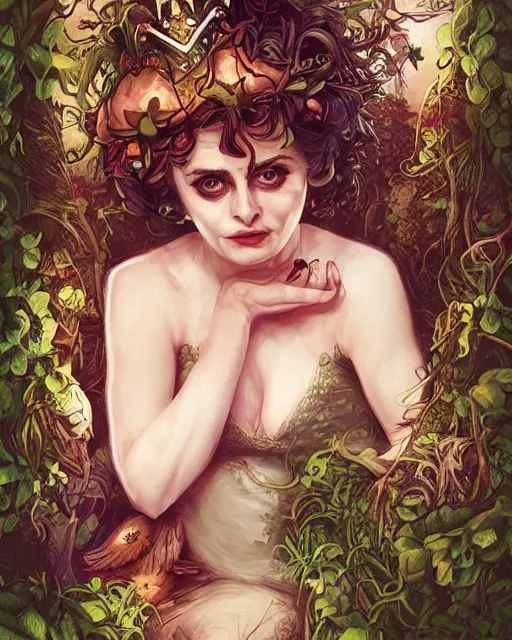 Image similar to helena bonham carter as the queen of the forest, by Fernanda Suarez and ross tran