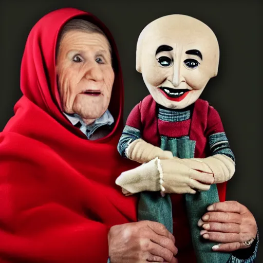 Prompt: portrait of a babushka with pet miniature ventriloquist dummy of john oliver