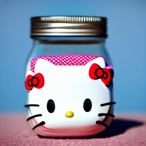 Prompt: hello kitty doll in a mason jar, 4 k, hyper realistic, dslr, high resolution, landscape, beautiful