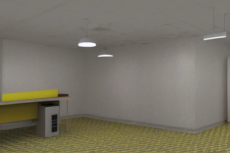 Prompt: 3 d render of jerma 9 8 5, jerma in endless halls of office space with worn light mono - yellow 7 0 s wallpaper, old moist carpet, and inconsistently - placed fluorescent lighting | liminal space | non - euclidean space | high octane | blender | 3 d render