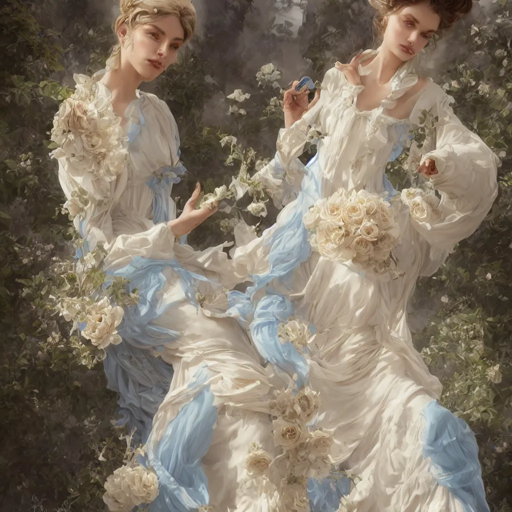 Image similar to lady dressed in a vaporous wrapped large victorian cream roses silk semi-transparent blue and cream dress fashion is running D&D, fantasy, intricate, elegant, highly detailed, digital painting, artstation, concept art, matte, sharp focus, illustration, art by Artgerm and Greg Rutkowski and Alphonse Mucha