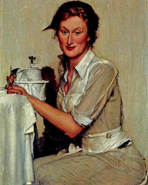 Prompt: portrait of a young meryl streep by norman rockwell