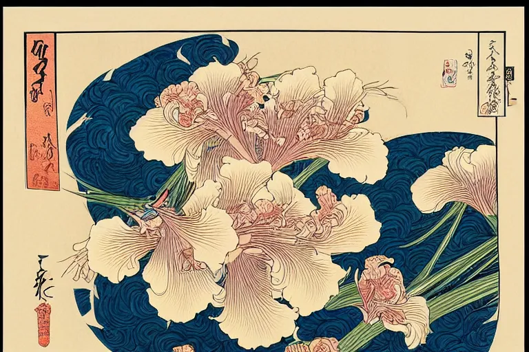 Image similar to a beautiful and hyperdetailed ukiyo - e drawing of tangled irises and flowers by katsushika hokusai, in style by utagawa kuniyoshi and utagawa hiroshige, japanese print art, intricate, elegant, complex, 4 k