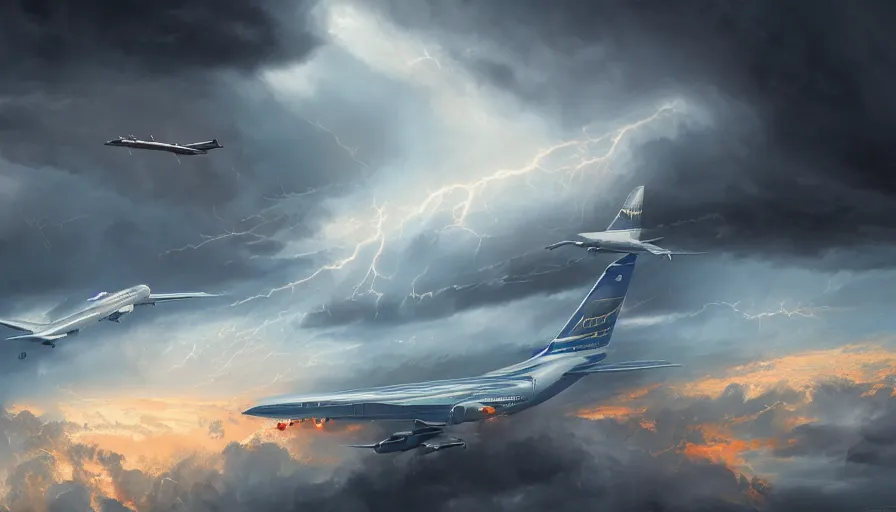 Image similar to Aircraft crossing thunderstorms, hyperdetailed, artstation, cgsociety, 8k