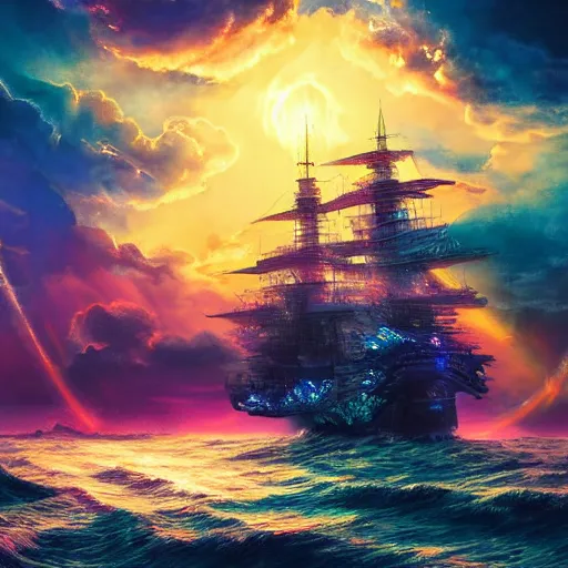 Image similar to majestical ship with a dragon flying above, beautiful composition, wide angle, colorful, cinematic, volumetric lighting, intricate details painting