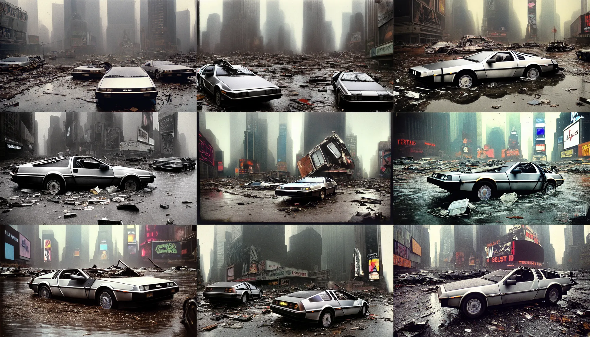 Prompt: faded photographs of delorean in postapocalyptic abandoned destroyed times square, wrecked buildings, destroyed flipped wrecked cars, flood pond water polaroid photo, vintage, 1 9 8 5, neutral colors, rainy day, by gregory crewdson