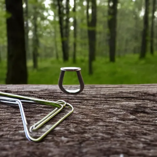 Prompt: a single metal paperclip with googly eyes, next to a steamy cup of coffee, in the woods, photography, depth of field, very symmetric, rule of thirds, 4 k resolution