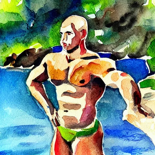 Prompt: muscular man by the river, water color painting