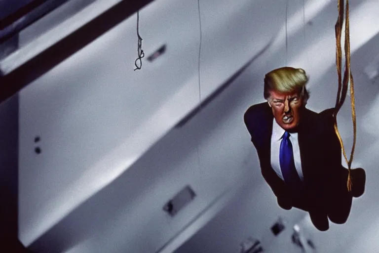 Image similar to movie still of donald trump in mission impossible hanging from a cable, cinematic, high detail, studio lighting