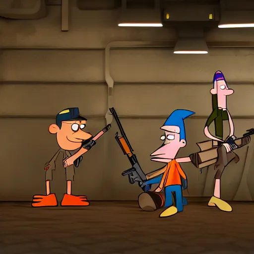 Image similar to phineas and ferb in a gun armory digital illustration render 4 k trending on artstation unreal engine