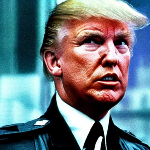 Image similar to film still blade runner with officer deckard played by Donald trump