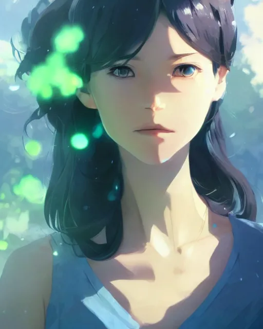 Image similar to a girl wearing a blue and green outfit that looks like earth, full shot, atmospheric lighting, detailed face, by makoto shinkai, stanley artgerm lau, wlop, rossdraws