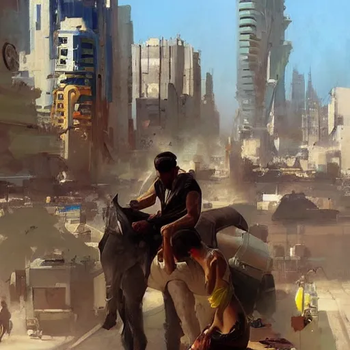 Image similar to greg manchess painting of baghdad in the year 2 0 7 7, painting, cyberpunk style, trending on artstation, by huang guangjian and gil elvgren and sachin teng