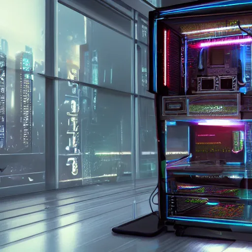 Image similar to A Desktop Computer Tower Case removed, cyberpunk bedroom, award winning, very detailed, artstation, realism
